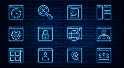 Wall Mural - Set line Online shopping on screen, Server, Data, Photo retouching, Secure your site with HTTPS, SSL, Browser setting, window, Search engine and Magnifying glass and delete icon. Vector