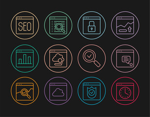 Wall Mural - Set line Browser window, Secure your site with HTTPS, SSL, Cloud technology data transfer, Graph chart infographic, SEO optimization, Magnifying glass check mark and Search engine icon. Vector