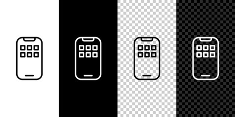 Wall Mural - Set line Mobile Apps icon isolated on black and white, transparent background. Smartphone with screen icons, applications. mobile phone showing screen. Vector