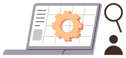 Laptop with clickable gear for system optimization, aligned with a magnifying glass and person icon. Ideal for technology, data analysis, development, workflow, team management, digital