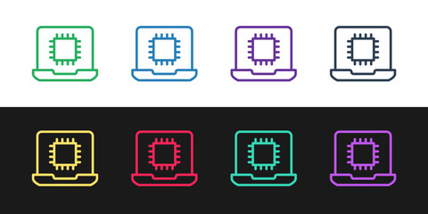 Wall Mural - Set line Computer processor with microcircuits CPU icon isolated on black and white background. Chip or cpu with circuit board. Micro processor. Vector