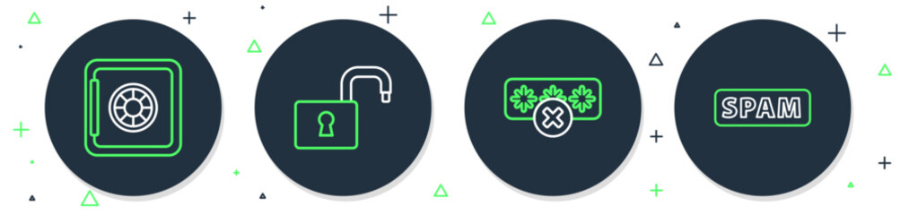Wall Mural - Set line Open padlock, Password protection, Safe and Spam icon. Vector