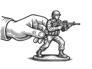 Wall Mural - child hand holding a toy soldier figurine with a rifle, play, childhood creativity sketch engraving generative ai fictional character vector illustration. Scratch board imitation. Black and white.