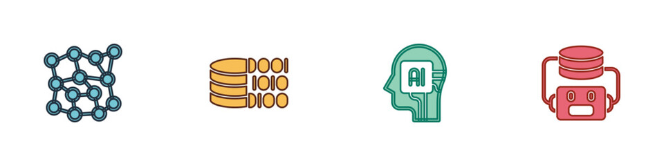Wall Mural - Set Neural network, Binary code, Humanoid robot and Artificial intelligence icon. Vector