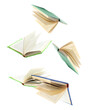 © AbdulWaheed - dynamic photograph of open books with various colored covers suspended in mid-air, symbolizing concepts of education, knowledge transfer, literature, and rigorous academic study.
