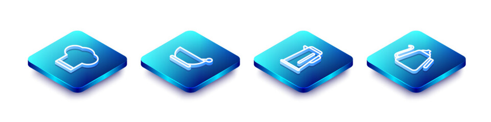 Set Isometric line Chef hat, Mortar and pestle, Kettle with handle and icon. Vector