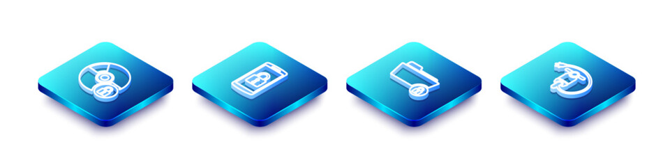 Wall Mural - Set Isometric line CD or DVD disk with lock, Smartphone, Folder and and Electric scooter icon. Vector