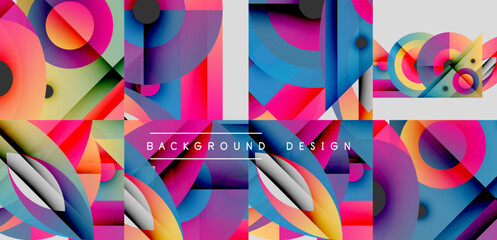 Wall Mural - Abstract geometric shapes, vibrant colors, modern design elements. Background features overlapping circles, triangles, rectangles. Bright, dynamic composition.