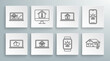 © Oksana - Set line Laptop with house under protection, Computer monitor temperature, smart home wi-fi, Smart watch and alarm, House, light bulb, Mobile phone and icon. Vector