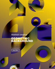 Wall Mural - Abstract geometric background features vibrant purple, yellow shapes. Modern design with text, button for more information.