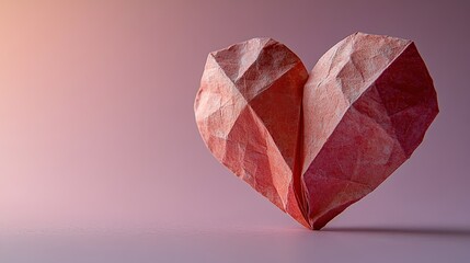 Three Dimensional Origami Heart in Red and Pink Paper with Gradient Peach Purple Background Showing Craftsmanship and Artistic Emotion