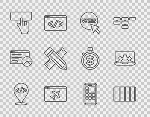 Wall Mural - Set line Front end development, Color palette guide, Web and graphic design, Website template, Keyboard, Crossed ruler pencil, Mobile Apps and icon. Vector