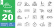 © Neko funny - Travel set of web icons in line style. Exclusive travel line icon collection. Containing car, wallet, tent, hotel, eiffel, island, map, ticket, camera and smartphone. Editable stroke. Vector