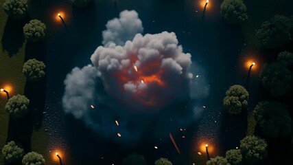 Wall Mural - Fiery explosion with sparks and dark smoke