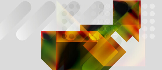 Wall Mural - Abstract geometric composition. Overlapping squares, rectangles create dynamic visual effect. Colors blend, contrast against light background.