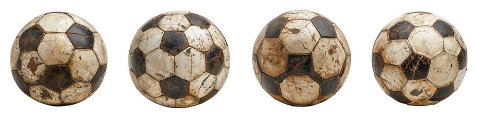 A group of four worn and dirty soccer balls, showing signs of heavy use and age, isolated on a transparent background