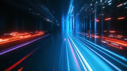 Wall Mural - digital data streaking through abstract blue red tunnel