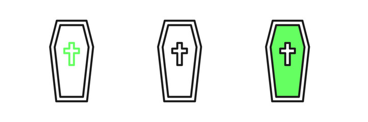 Set line Coffin with christian cross icon isolated on white background. Happy Halloween party. Vector
