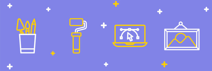 Set line Picture landscape, Computer with design program, Paint roller brush and Pencil case stationery icon. Vector