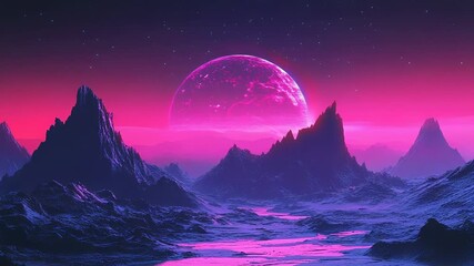 Wall Mural - Sci fi alien planet landscape reflecting neon colors