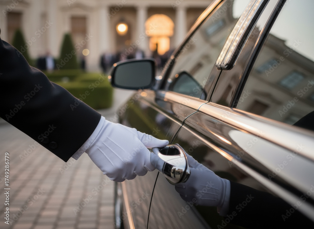 Premium Car Entry Professional chauffeur opening luxury car door with white gloves ...