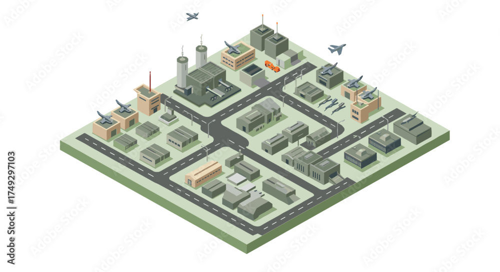 Isometric military base with roads and aircrafts: detailed 3d urban ...
