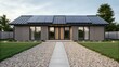 © supaporn - Accessory Dwelling Unit Modern house with solar panels, surrounded by greenery and a gravel pathway, showcasing sustainable architecture.