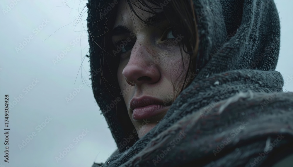 Hooded woman in harsh weather — gritty cinematic close-up with wind and ...
