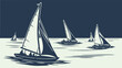 © Georgking - Two Tone Woodcut Sailboats Sailing on the Ocean. Classic Nautical Race, Freedom, and Adventure for Marine and Travel Industry Marketing.