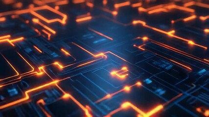 Wall Mural - Futuristic circuit board glowing orange and blue lines