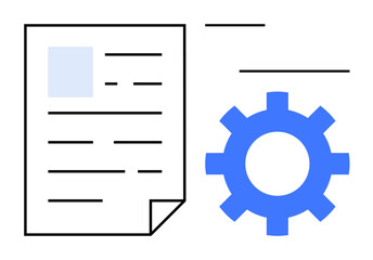 Document with lines of text next to a blue gear indicating system settings, process automation, and workflow optimization. Ideal for technology, productivity, business, data, IT, system management