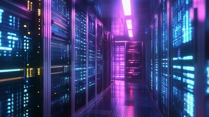 Wall Mural - Server room racks displaying glowing data processing