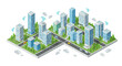 © Ophelia - Isometric smart city with skyscrapers, roads, and trees showcasing modern urban design