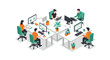 © Ophelia - Office teamwork in a modern isometric workspace with computers and plants