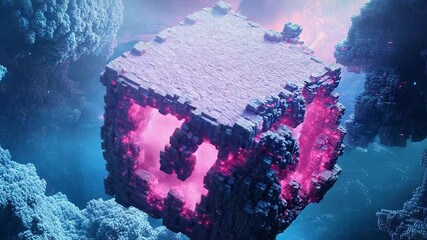 Wall Mural - Glowing fractal cube floating in futuristic abstract space