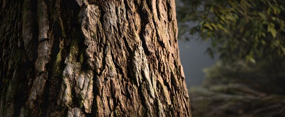 The sturdy tree trunk wrapped in coarse bark patterns and rugged textures