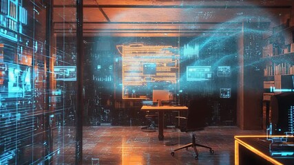 Wall Mural - Cyberpunk office with digital data flowing background