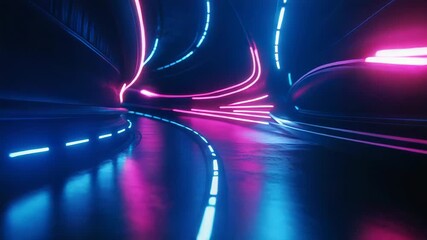 Wall Mural - Abstract neon light beams in futuristic speed tunnel