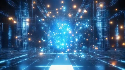 Wall Mural - Abstract digital data tunnel leading to a glowing sphere