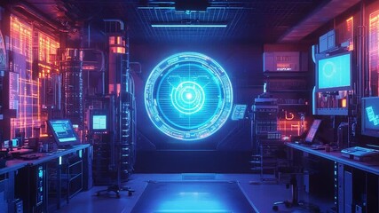 Wall Mural - Futuristic laboratory with large holographic data display