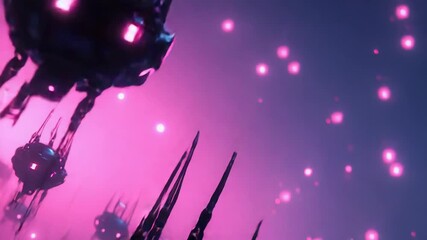 Wall Mural - Futuristic drone swarm invading with glowing pink lights