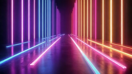 Wall Mural - Neon glowing lights illuminating futuristic dark corridor floor