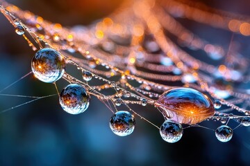 Dewdrops on a spiderweb reflecting sunset colors