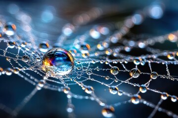 Dewdrops glistening on a spiderweb in morning light