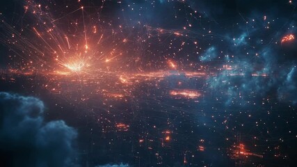 Wall Mural - Cityscape connecting data points creating glowing network