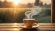 © picpics - Tasse de café fumante sur une table en bois au lever du soleil. Réveil zen calme apaisé tranquille petit-déjeuner. Commencer la journée du bon pied.