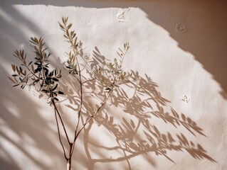 Olive tree branch casting shadow on textured wall
