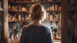 © Maryna - Looking In Pantry. Home Kitchen Cabinet Storage with Middle Aged Woman