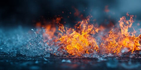 Wall Mural - Fiery clash of flames and icy waves creating an intense visual display of fire versus ice in a vibrant abstract concept