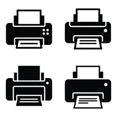 Four black icons representing different printer designs for printing documents and office supplies silhouette